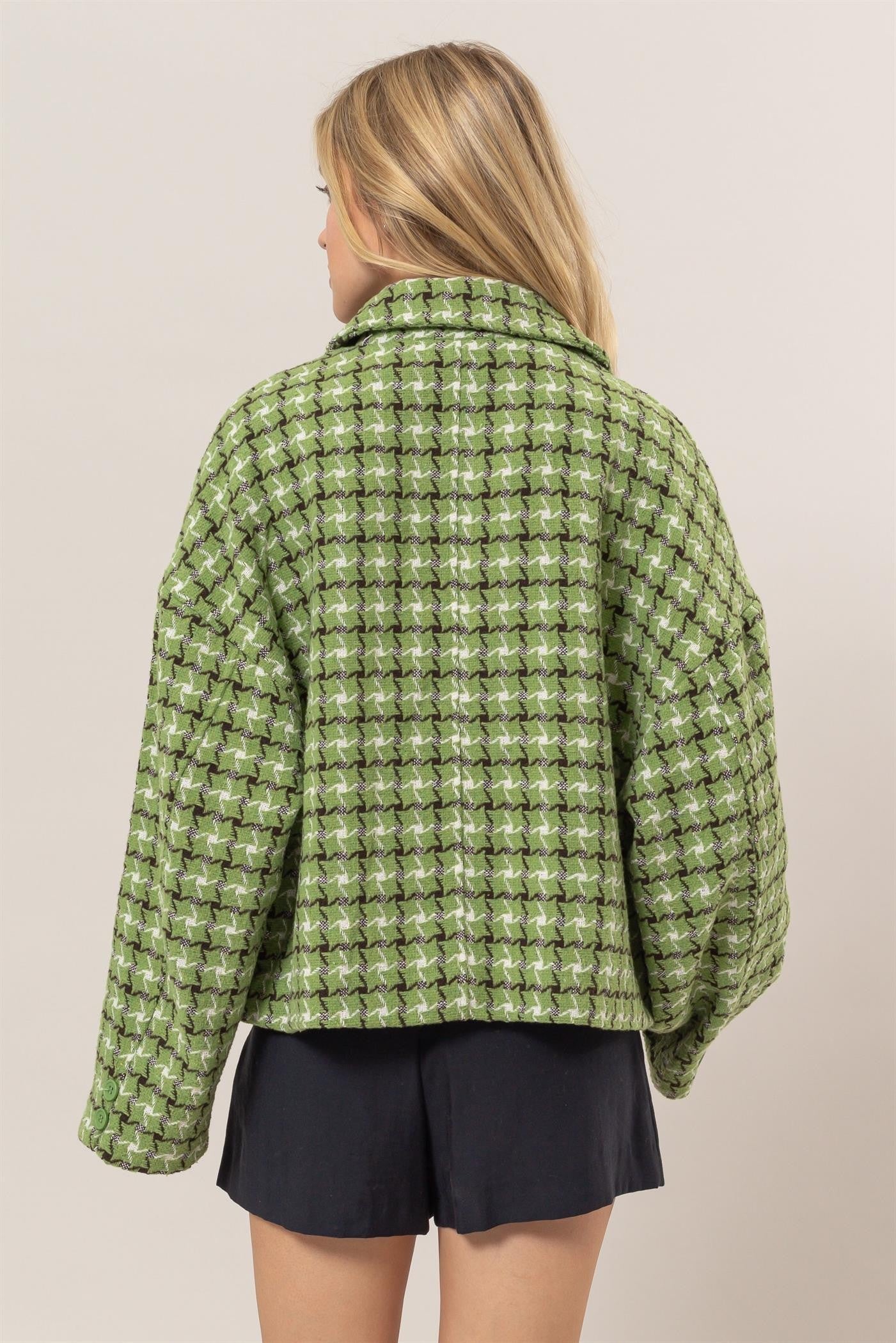HYFVE Tweed Plaid Button Up Collared Neck Jacket-HYFVE-Green-S-Urbanheer