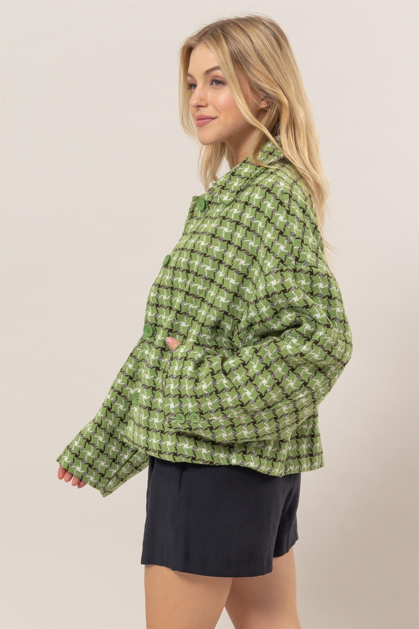 HYFVE Tweed Plaid Button Up Collared Neck Jacket-HYFVE-Green-S-Urbanheer