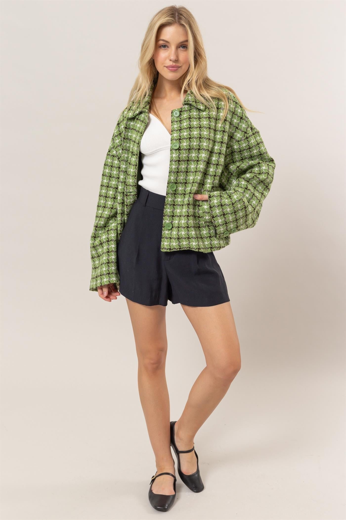 HYFVE Tweed Plaid Button Up Collared Neck Jacket-HYFVE-Green-S-Urbanheer