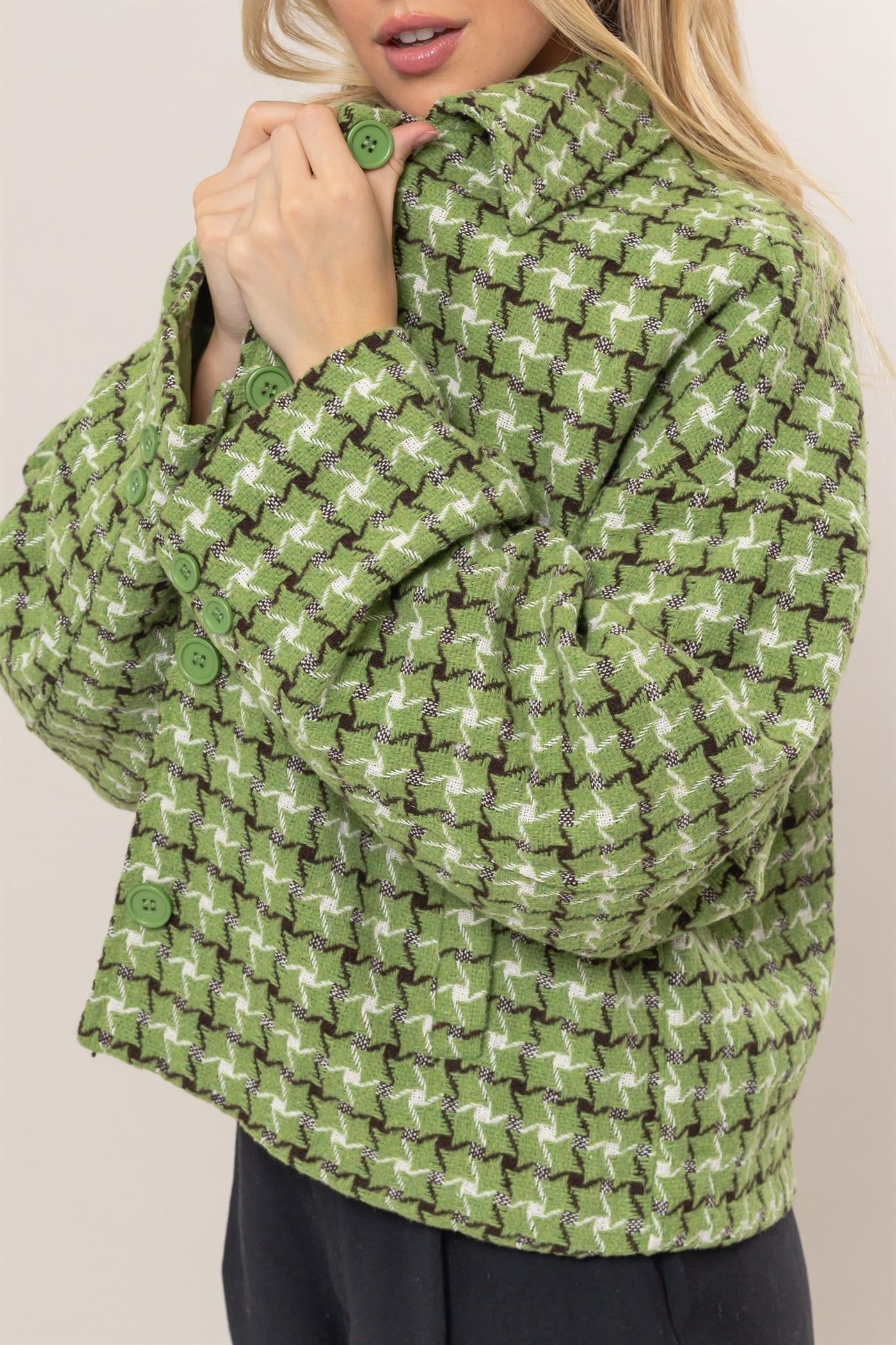 HYFVE Tweed Plaid Button Up Collared Neck Jacket-HYFVE-Green-S-Urbanheer