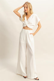 HYFVE Twisted Front Short Sleeve Top and Wide Leg Pants Set-HYFVE-Off White-S-Urbanheer