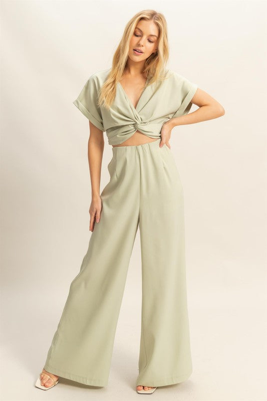HYFVE Twisted Front Short Sleeve Top and Wide Leg Pants Set-HYFVE-Sage-S-Urbanheer