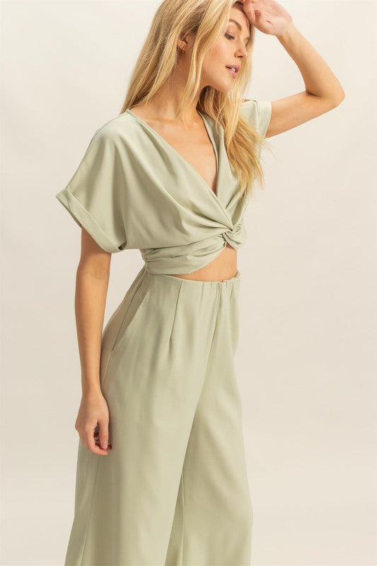 HYFVE Twisted Front Short Sleeve Top and Wide Leg Pants Set-HYFVE-Sage-S-Urbanheer
