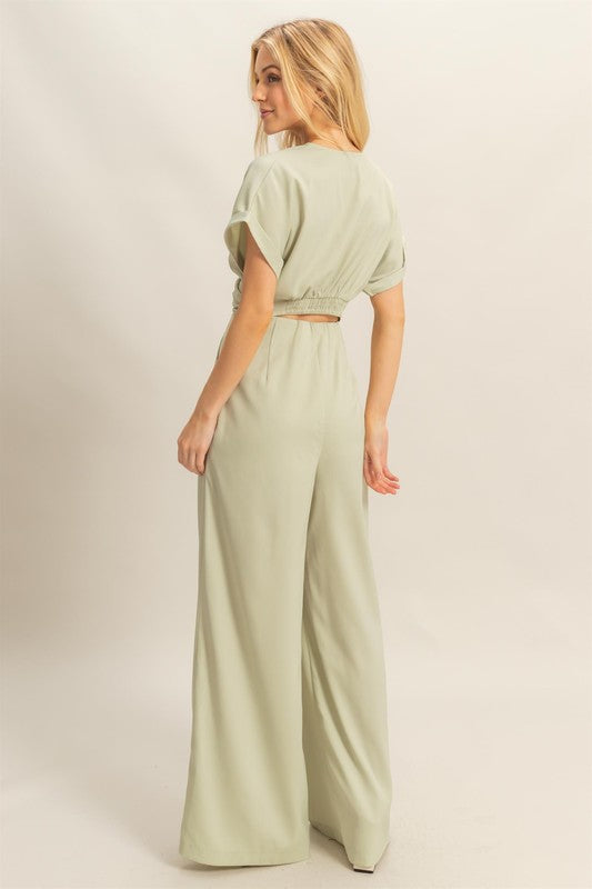 HYFVE Twisted Front Short Sleeve Top and Wide Leg Pants Set-HYFVE-Sage-S-Urbanheer