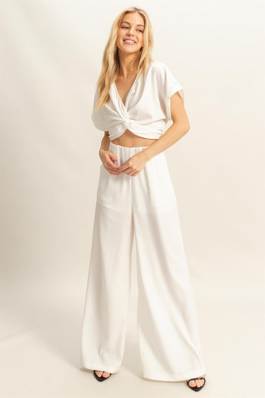 HYFVE Twisted Front Short Sleeve Top and Wide Leg Pants Set-HYFVE-Off White-S-Urbanheer