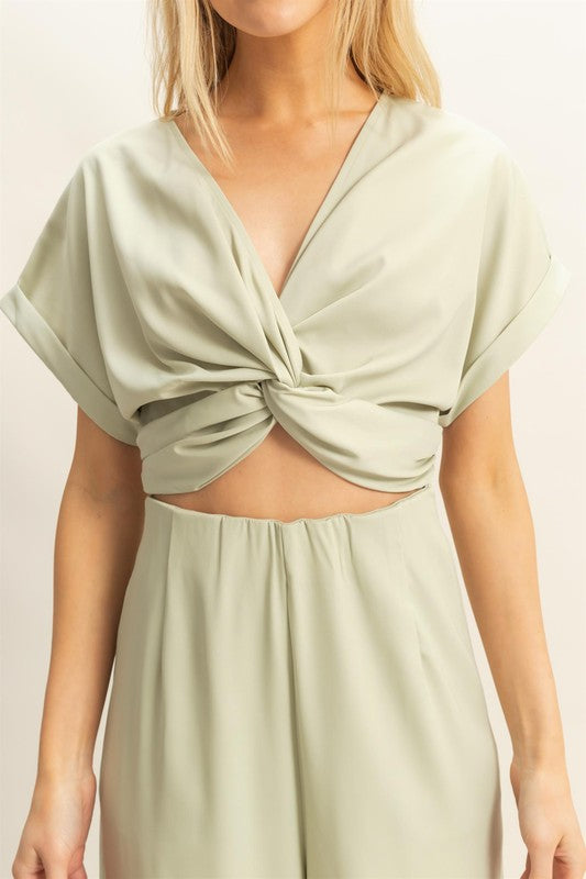 HYFVE Twisted Front Short Sleeve Top and Wide Leg Pants Set-HYFVE-Sage-S-Urbanheer