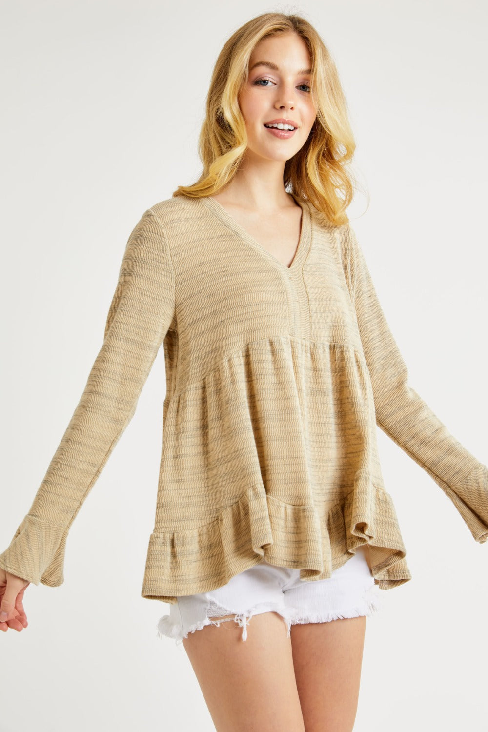Hailey & Co V-Neck Flounce Sleeve Knit Top-Street 360-Taupe-S-Urbanheer