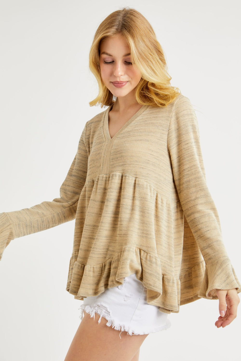 Hailey & Co V-Neck Flounce Sleeve Knit Top-Street 360-Taupe-S-Urbanheer