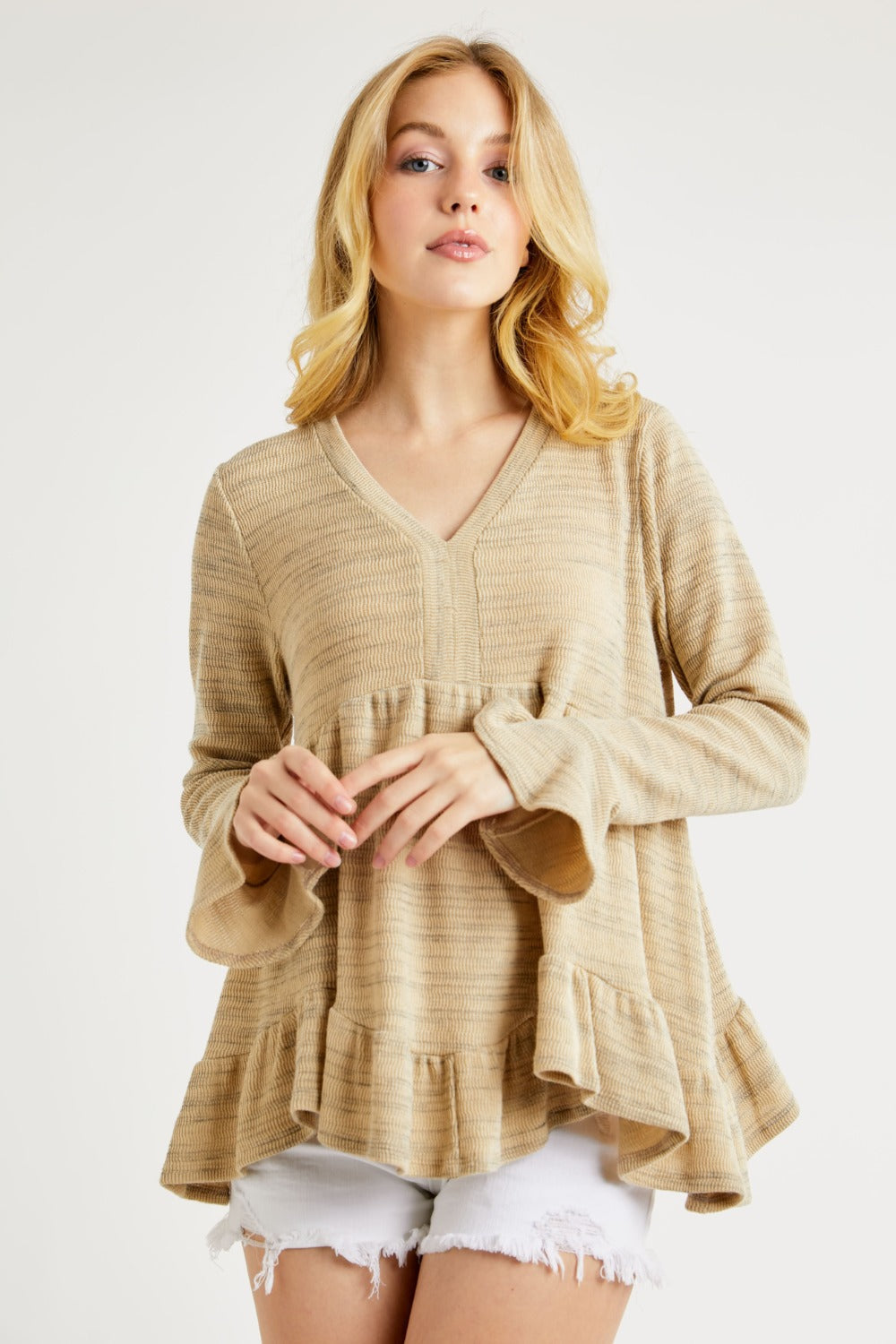 Hailey & Co V-Neck Flounce Sleeve Knit Top-Street 360-Taupe-S-Urbanheer