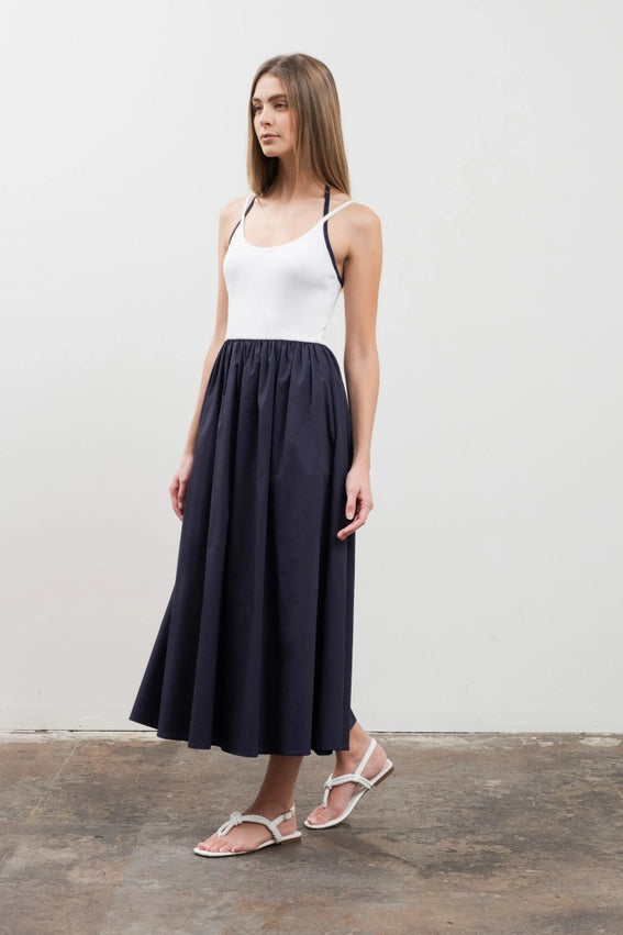Halter Knit Top Mixed Media Midi Dress-Dress-Moon River-XS-NAVY-Urbanheer