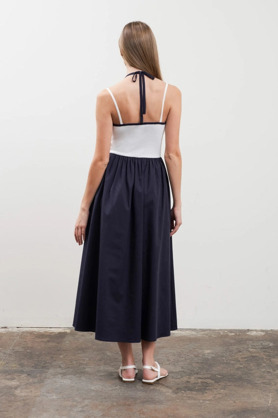 Halter Knit Top Mixed Media Midi Dress-Dress-Moon River-XS-NAVY-Urbanheer