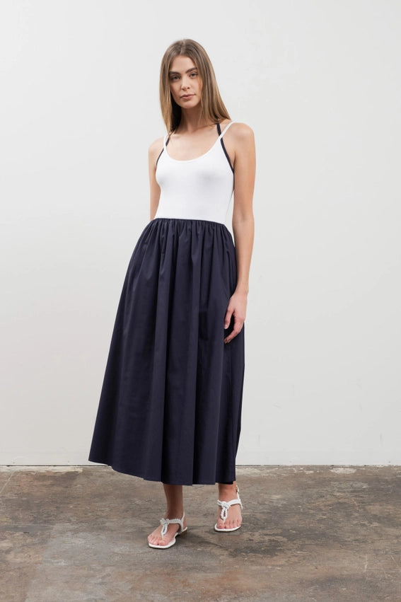 Halter Knit Top Mixed Media Midi Dress-Dress-Moon River-XS-NAVY-Urbanheer
