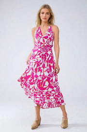 Halter Midi Dress with Cinched Waist in Abstract Fuchsia and White Print-Dress-Q2-S-Urbanheer
