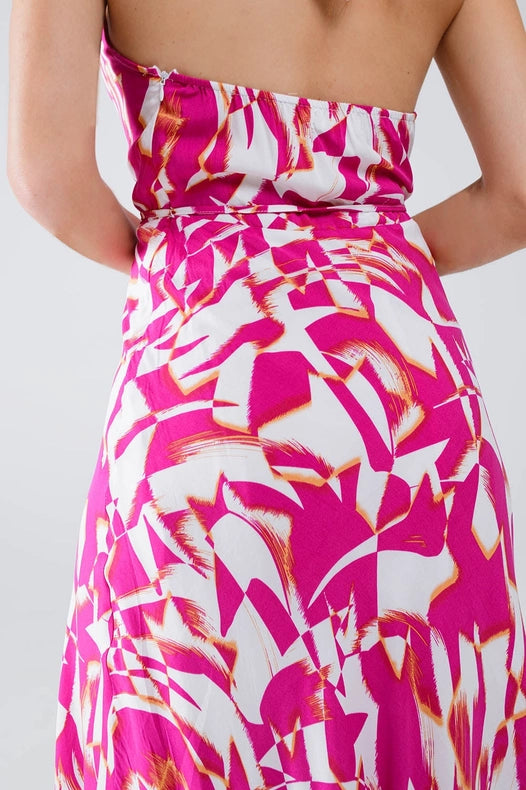 Halter Midi Dress with Cinched Waist in Abstract Fuchsia and White Print-Dress-Q2-S-Urbanheer