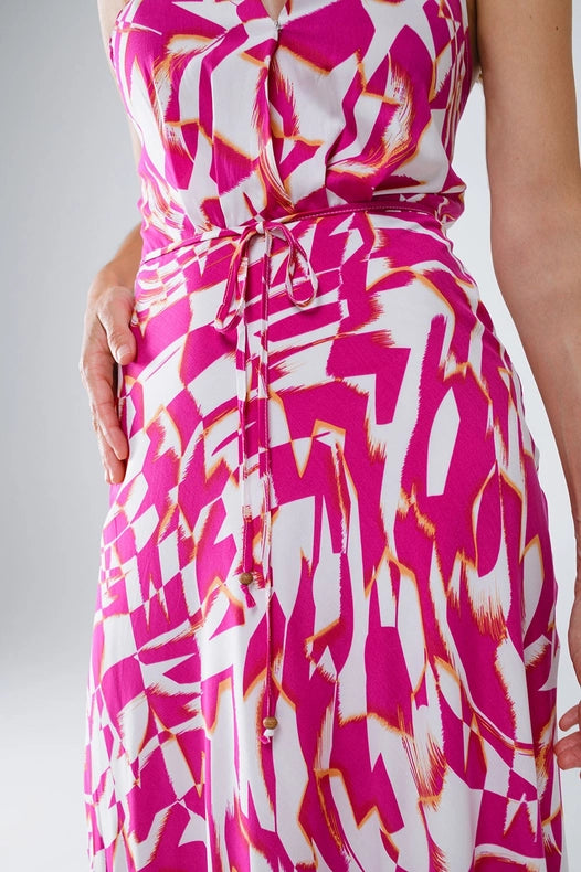 Halter Midi Dress with Cinched Waist in Abstract Fuchsia and White Print-Dress-Q2-S-Urbanheer