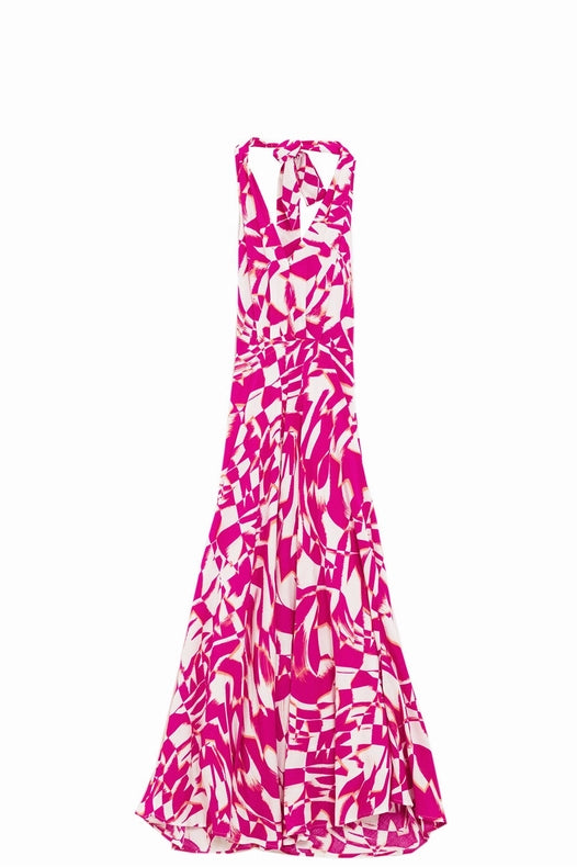 Halter Midi Dress with Cinched Waist in Abstract Fuchsia and White Print-Dress-Q2-S-Urbanheer