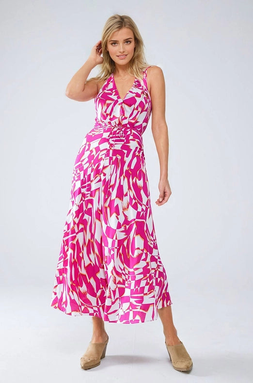 Halter Midi Dress with Cinched Waist in Abstract Fuchsia and White Print-Dress-Q2-S-Urbanheer