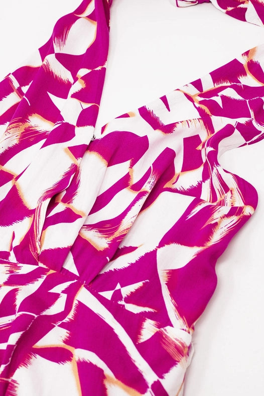 Halter Midi Dress with Cinched Waist in Abstract Fuchsia and White Print-Dress-Q2-S-Urbanheer