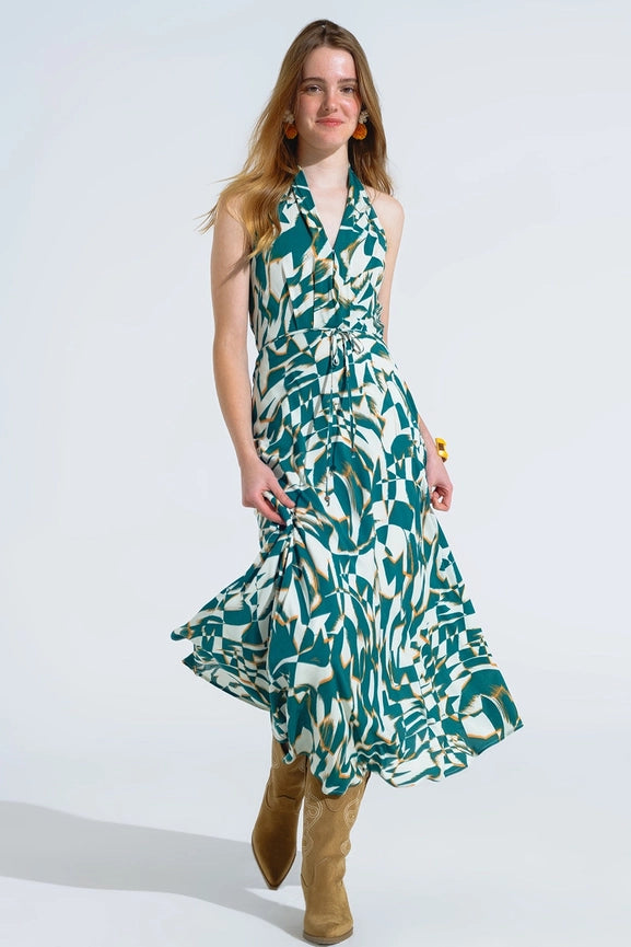 Halter Midi Dress with Cinched Waist in Abstract Green and White Print-Dress-Q2-S-Green-Urbanheer