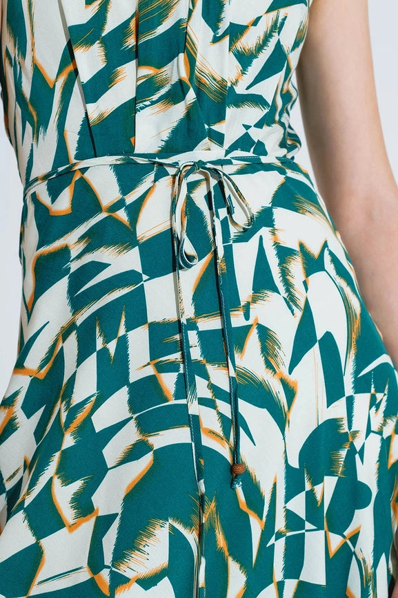 Halter Midi Dress with Cinched Waist in Abstract Green and White Print-Dress-Q2-S-Green-Urbanheer
