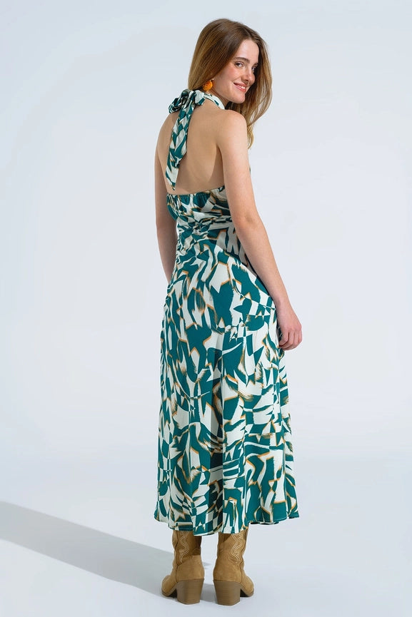 Halter Midi Dress with Cinched Waist in Abstract Green and White Print-Dress-Q2-S-Green-Urbanheer