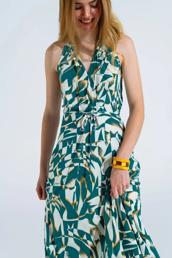 Halter Midi Dress with Cinched Waist in Abstract Green and White Print-Dress-Q2-S-Green-Urbanheer