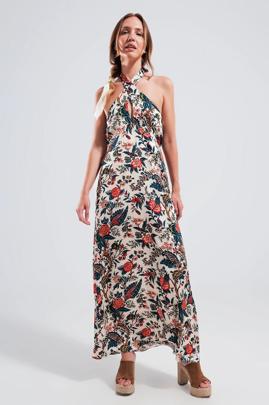 Halter Neck Maxi Dress In Beige Paisley Print-Dress-Q2-S-Urbanheer