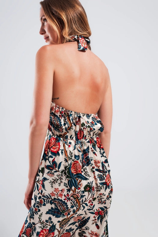 Halter Neck Maxi Dress In Beige Paisley Print-Dress-Q2-S-Urbanheer