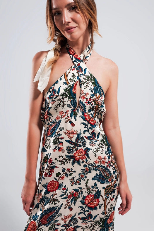 Halter Neck Maxi Dress In Beige Paisley Print-Dress-Q2-S-Urbanheer