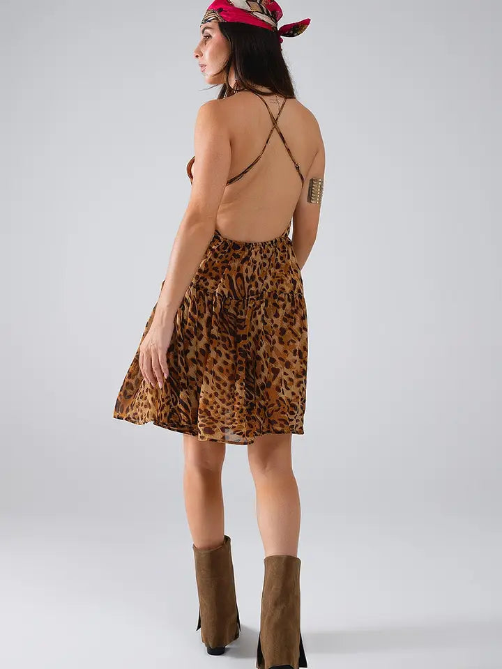 Halter Open Back Babydoll Chiffon Dress in Leopard Print from Q2 Halter Open Back Babydoll Chiffon Dress in Leopard Print from Q2