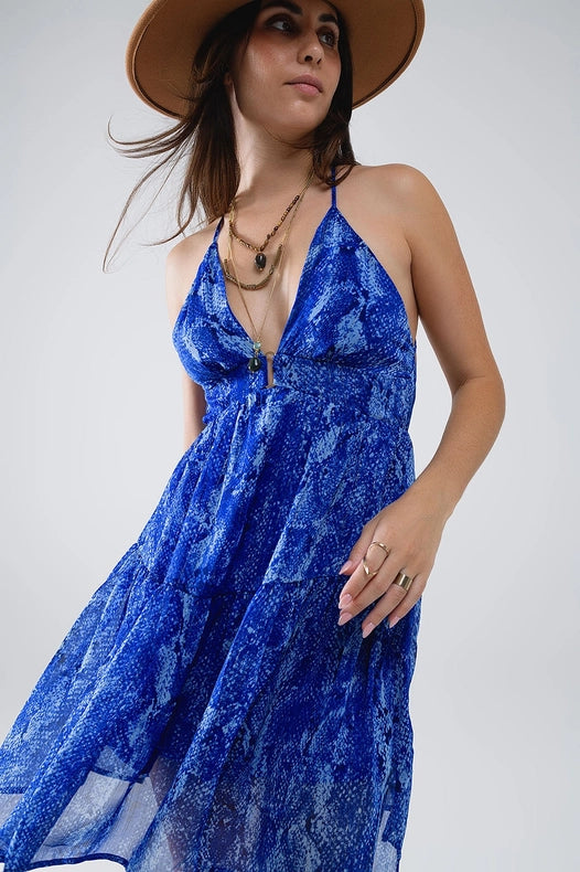Halter Open Back Babydoll Dress in Snake Blue Print-Dress-Q2-S-Blue-Urbanheer