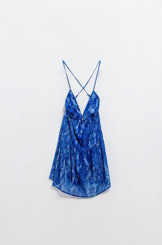 Halter Open Back Babydoll Dress in Snake Blue Print-Dress-Q2-S-Blue-Urbanheer