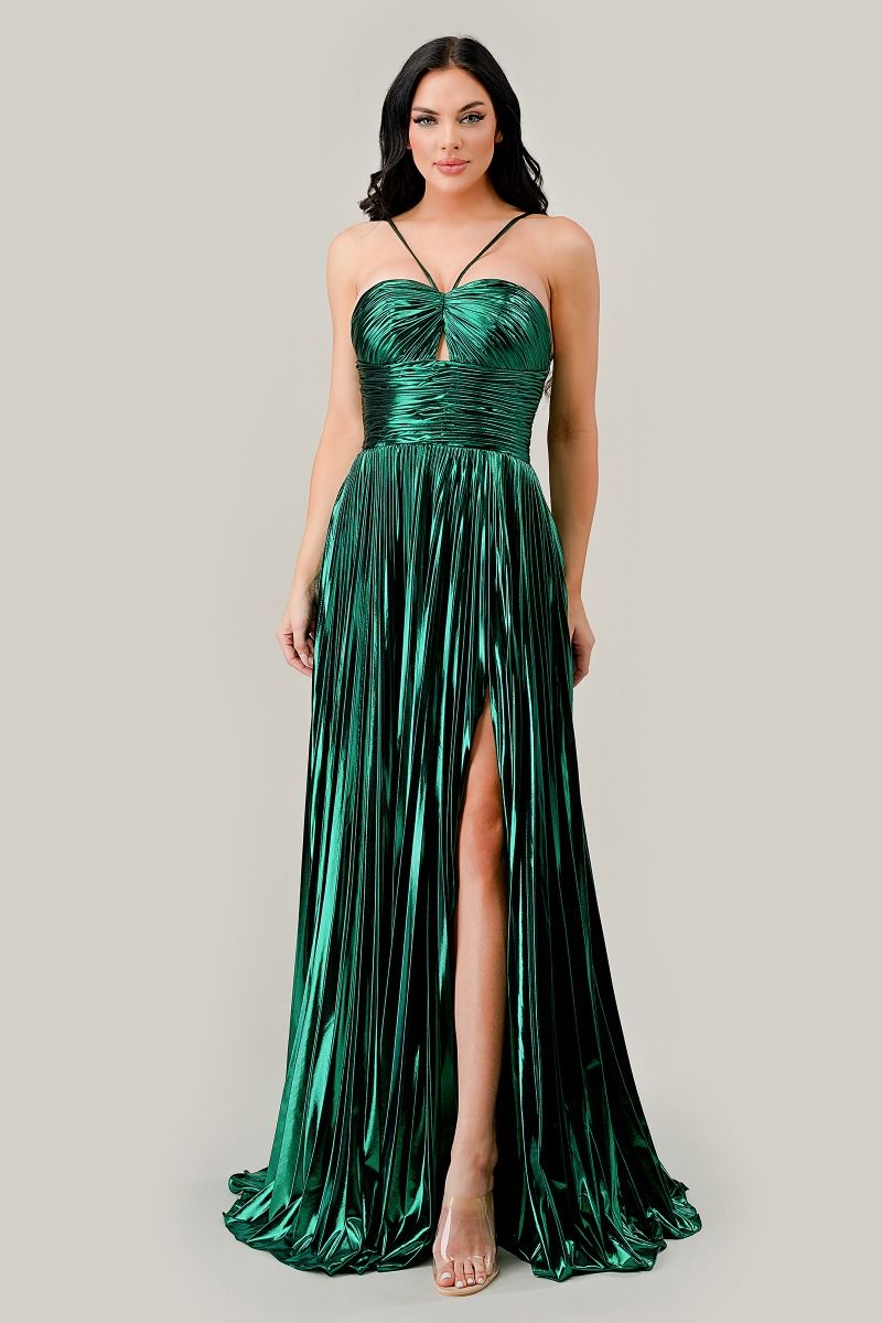 Halter Pleated Lame' Metallic A-Line Gown-Nightgown-Tux-USA-4-Emerald-Urbanheer
