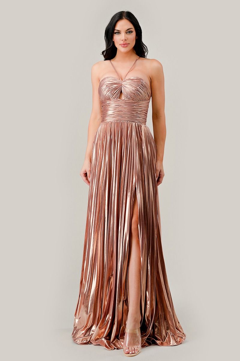 Halter Pleated Lame' Metallic A-Line Gown-Nightgown-Tux-USA-4-Rose Gold-Urbanheer