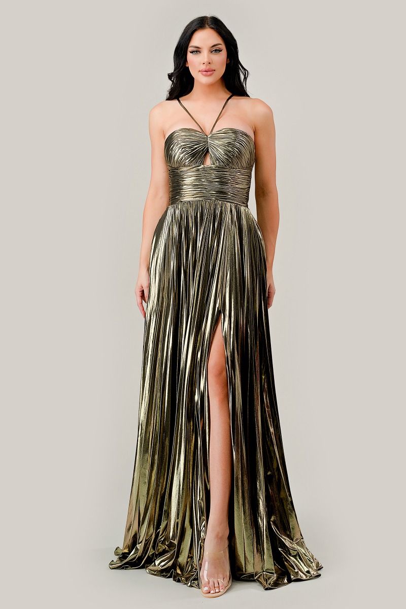 Halter Pleated Lame' Metallic A-Line Gown-Nightgown-Tux-USA-6-Gold-Urbanheer