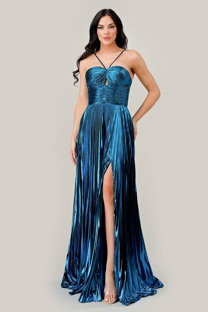 Halter Pleated Lame' Metallic A-Line Gown-Nightgown-Tux-USA-4-Emerald-Urbanheer