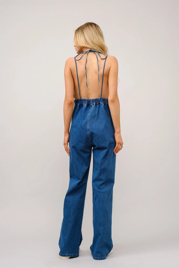 Halter Tie Back Plunge V Denim Jumpsuit-Jumpsuit-Blue B-S-DARK WASH-Urbanheer