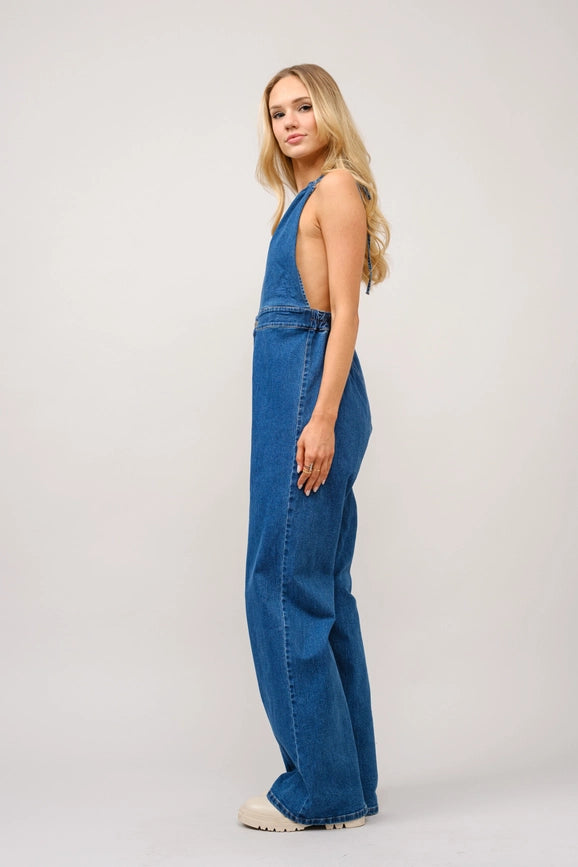 Halter Tie Back Plunge V Denim Jumpsuit-Jumpsuit-Blue B-S-DARK WASH-Urbanheer