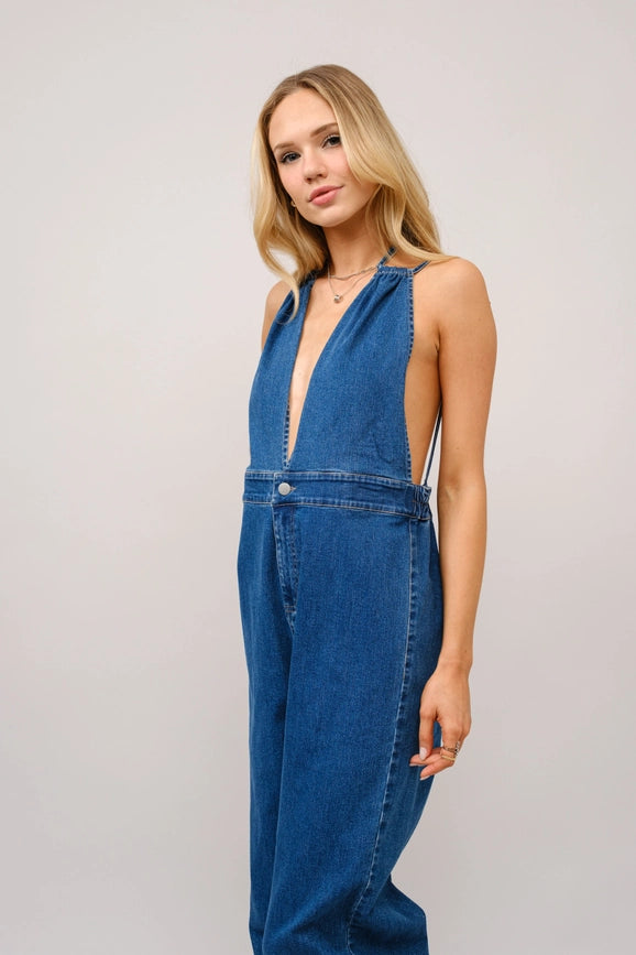 Halter Tie Back Plunge V Denim Jumpsuit-Jumpsuit-Blue B-S-DARK WASH-Urbanheer