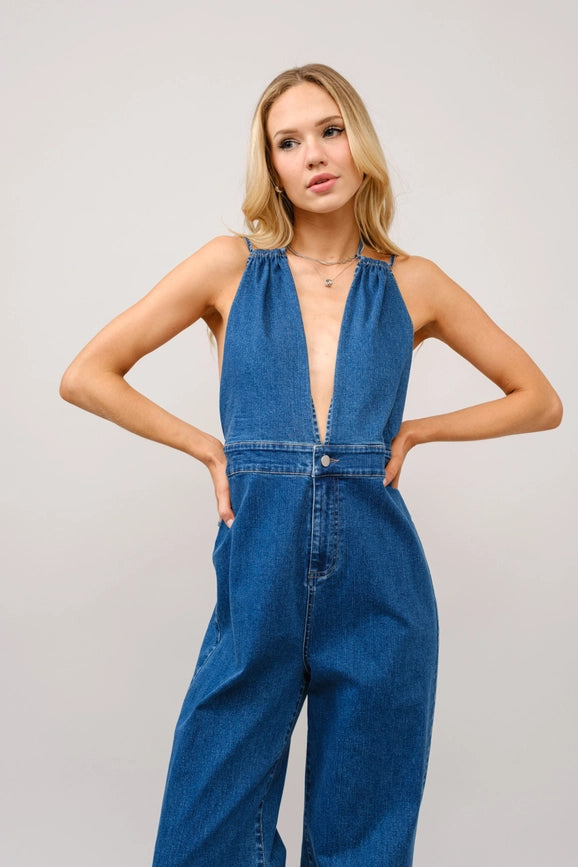 Halter Tie Back Plunge V Denim Jumpsuit-Jumpsuit-Blue B-S-DARK WASH-Urbanheer