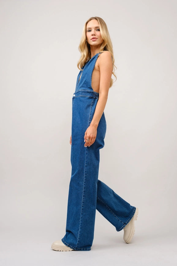 Halter Tie Back Plunge V Denim Jumpsuit-Jumpsuit-Blue B-S-DARK WASH-Urbanheer