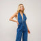 Halter Tie Back Plunge V Denim Jumpsuit-Jumpsuit-Blue B-S-DARK WASH-Urbanheer