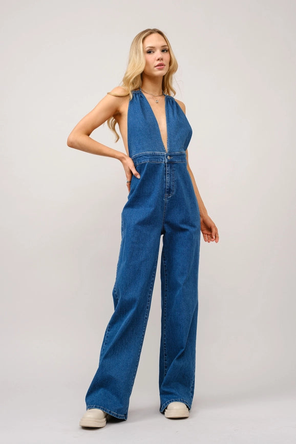 Halter Tie Back Plunge V Denim Jumpsuit-Jumpsuit-Blue B-S-DARK WASH-Urbanheer