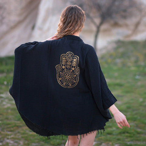 Hamsa Hand Double Gauze Muslin Robe-Kimono-Moa-Black-Urbanheer