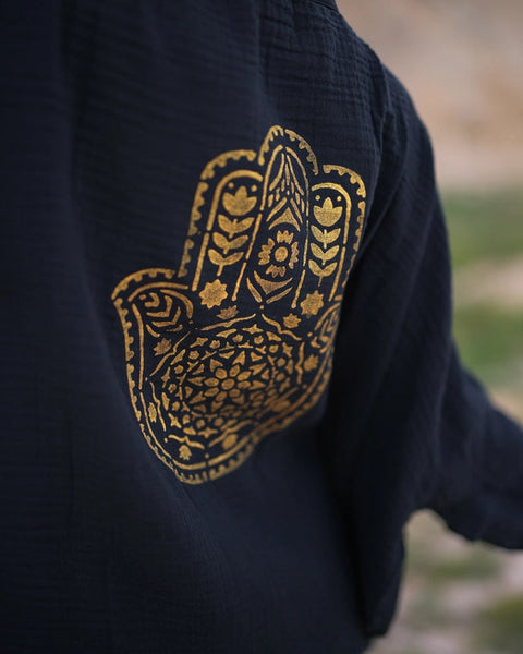 Hamsa Hand Double Gauze Muslin Robe-Kimono-Moa-Black-Urbanheer
