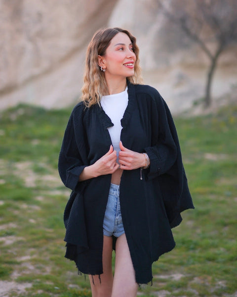 Hamsa Hand Double Gauze Muslin Robe-Kimono-Moa-Black-Urbanheer