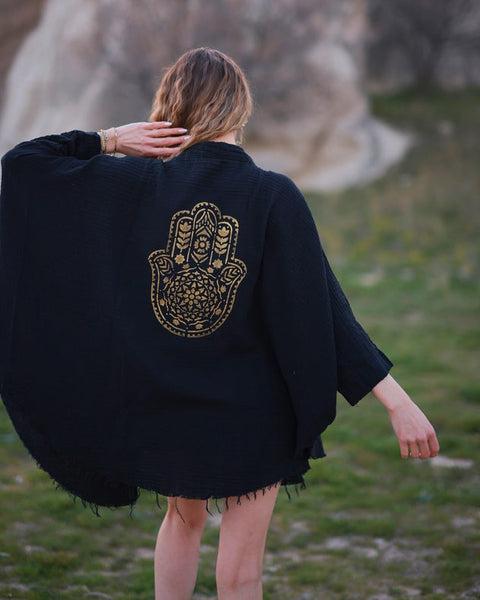 Hamsa Hand Double Gauze Muslin Robe-Kimono-Moa-Black-Urbanheer