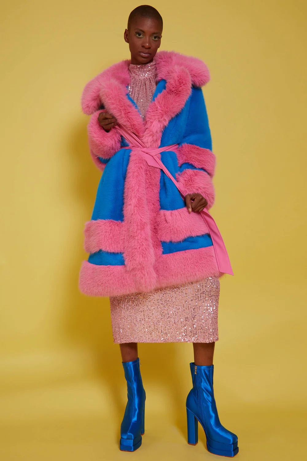 Handmade Bamboo Pink - Blue Faux Fur Coat-Faux Fur Coats-Buy Me Fur Ltd-S-M-Pink / Blue-Faux Fur-Urbanheer