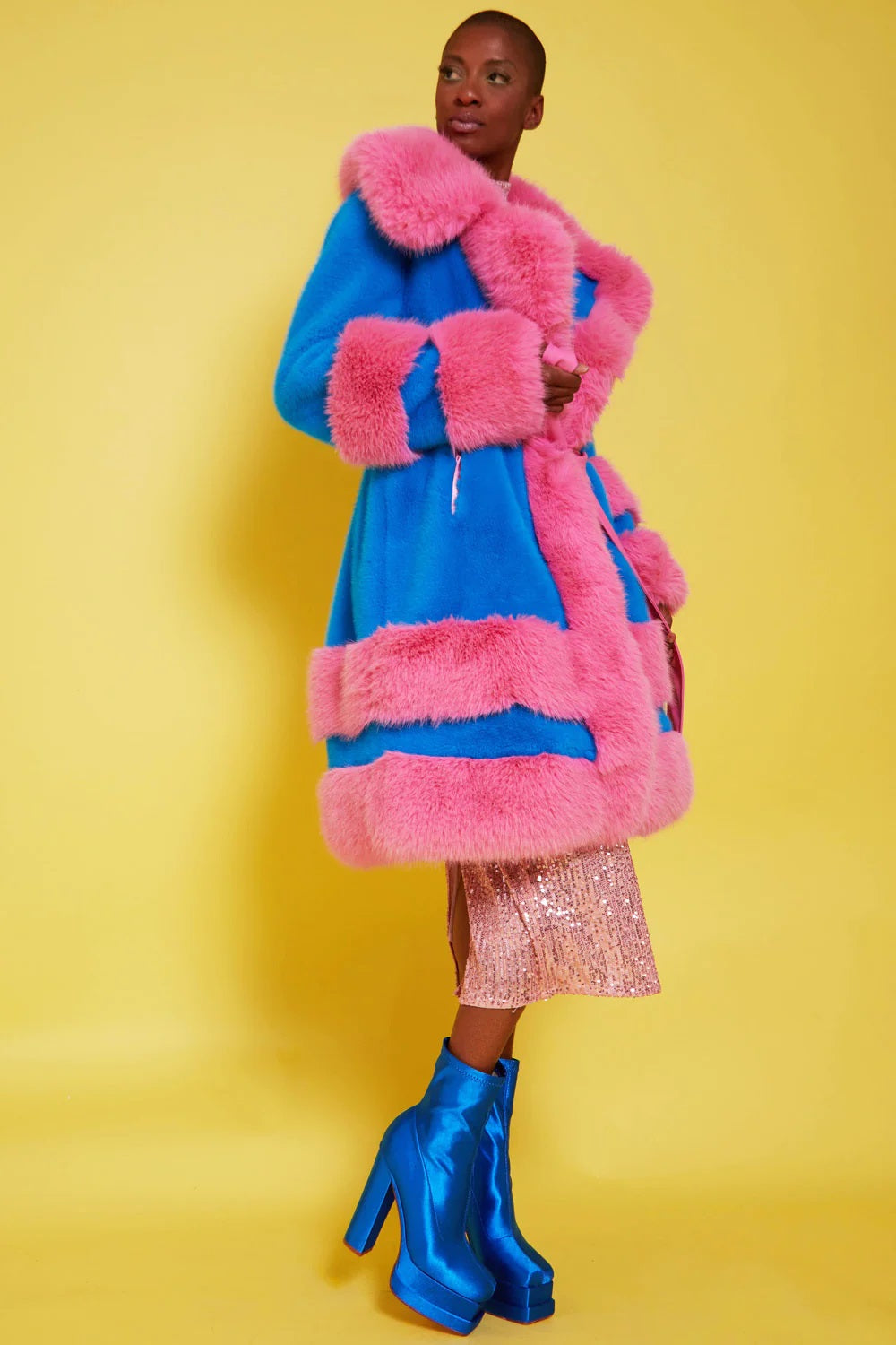 Handmade Bamboo Pink - Blue Faux Fur Coat-Faux Fur Coats-Buy Me Fur Ltd-S-M-Pink / Blue-Faux Fur-Urbanheer