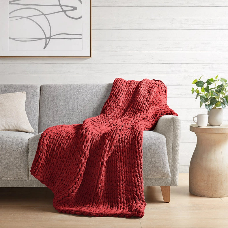 Handmade Chunky Double Knit Throw, Red-Throw-Olliix-50"W x 60"L-Urbanheer